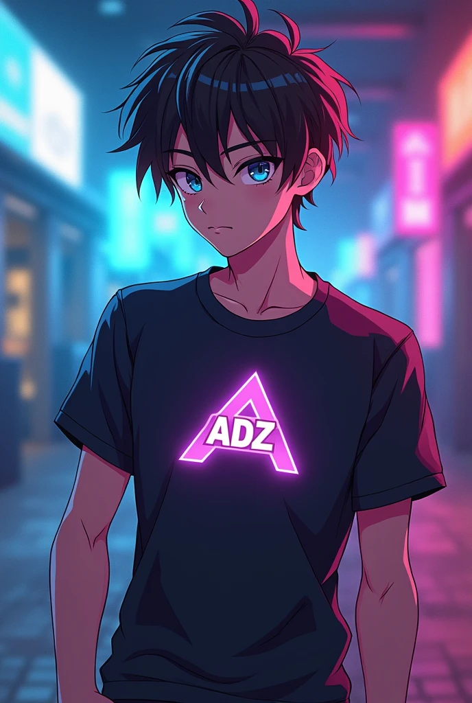 Anime boy gamer with ADZ logo in his t-shirt