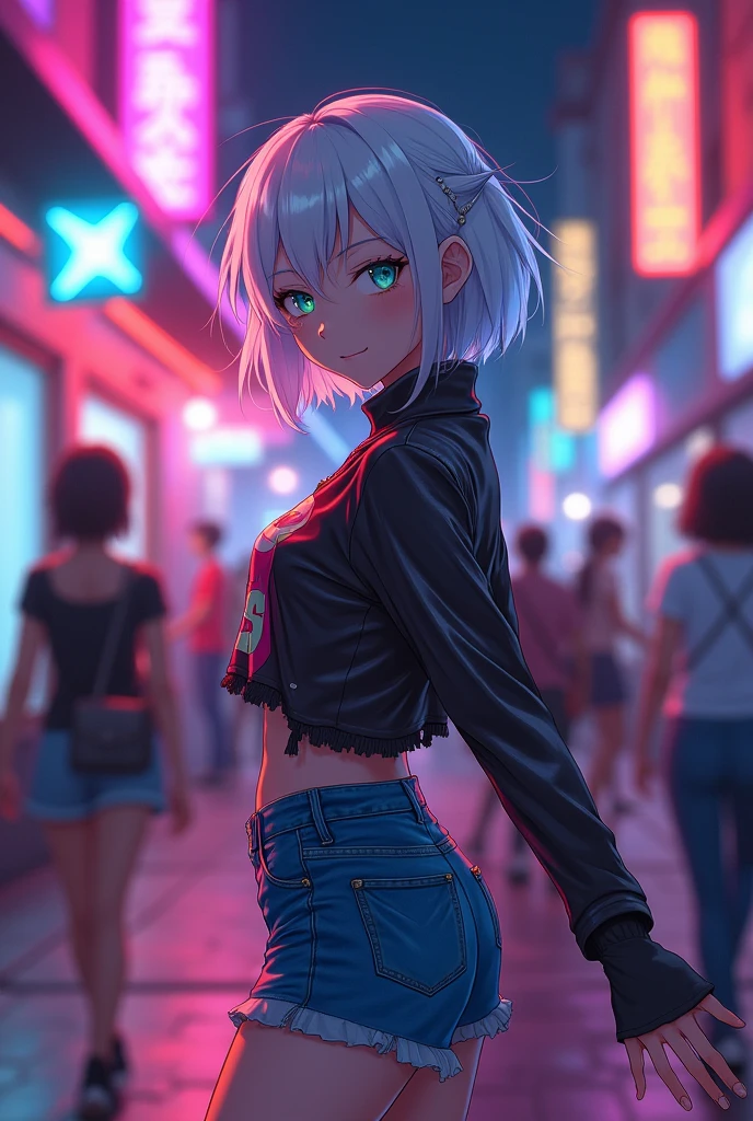anime style, young adult woman, with one blue eye and one green eye, short white hair.
Bella, wears breakdance clothes.
is dancing.
at night with neon colored details.