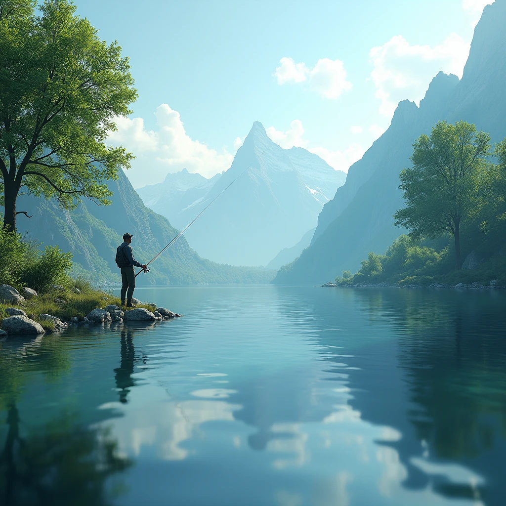 pov, a serene lakeside scene, a fisherman standing on the shore casting his line into the calm waters, surrounded by lush green trees and a picturesque mountain landscape in the background, (best quality,4k,8k,highres,masterpiece:1.2),ultra-detailed,(realistic,photorealistic,photo-realistic:1.37),landscape, natural lighting, vibrant colors, tranquil atmosphere,