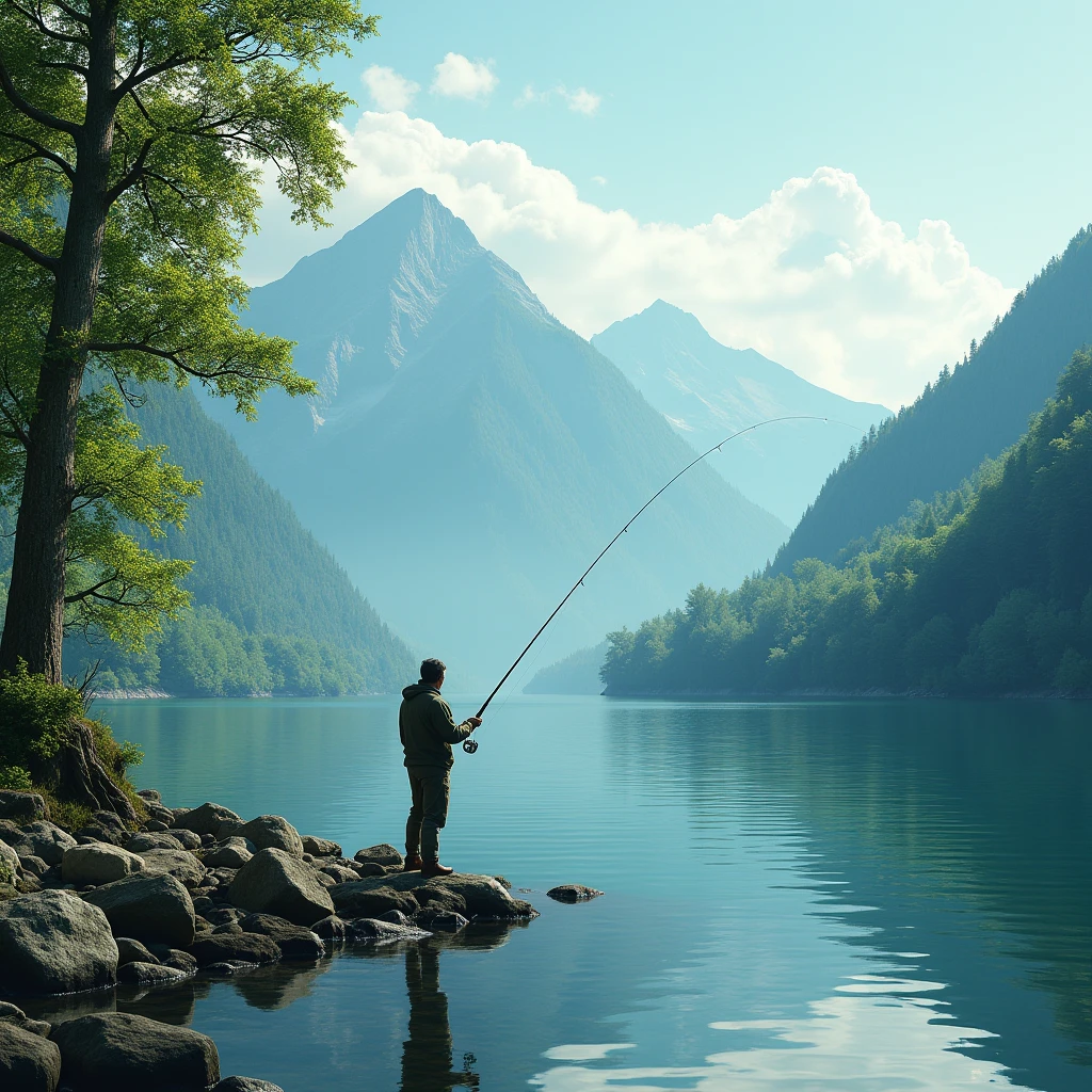 pov, a serene lakeside scene, a fisherman standing on the shore casting his line into the calm waters, surrounded by lush green trees and a picturesque mountain landscape in the background, (best quality,4k,8k,highres,masterpiece:1.2),ultra-detailed,(realistic,photorealistic,photo-realistic:1.37),landscape, natural lighting, vibrant colors, tranquil atmosphere,