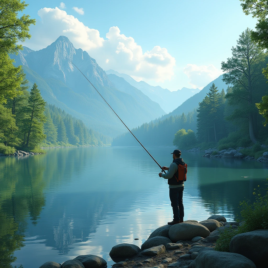 pov, a serene lakeside scene, a fisherman standing on the shore casting his line into the calm waters, surrounded by lush green trees and a picturesque mountain landscape in the background, (best quality,4k,8k,highres,masterpiece:1.2),ultra-detailed,(realistic,photorealistic,photo-realistic:1.37),landscape, natural lighting, vibrant colors, tranquil atmosphere,