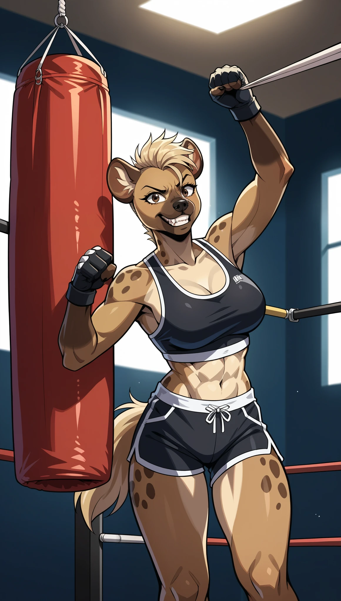 score_9, score_8_up, score_7_up, score_6_up, score_5_up, score_4_up, BREAK source_furry, source_anthro, rating_explicit,
front view, best quality,  wide shot, 

Solo, a tall female spotted hyena, brown snout, black nose, brown eyes, grin, short spiked undercut platinum blonde hair, brown hyena ears, wearing black UFC athletic top, black short UFC shorts, wearing UFC black gloves, grabbing her wrist, punching, hand throw, punching bag hits, in a UFC gym, fighting stance, simple background, 

[by Alex Timmermans:by jaynaylor:0.25],
detailed background, detailed foreground, depth of field, ambient silhouette, backlighting,