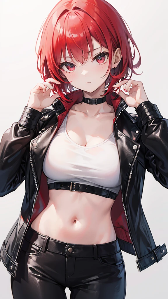 a young high school girl with short red hair and dark eyes and a leather jacket and black pants