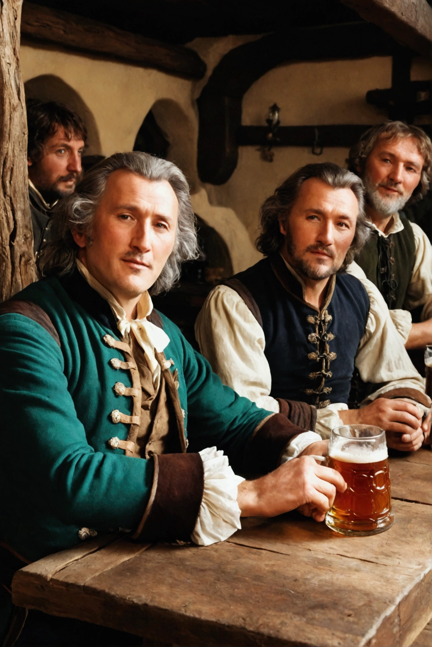 that last image, please generate him again except he is sitting at a tavern table with his friends drinking ale