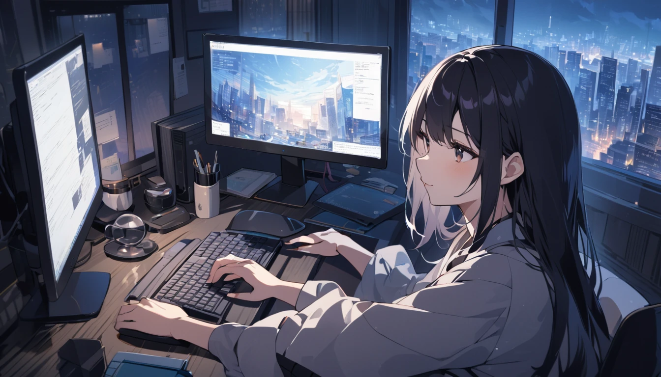Beautiful Japanese woman in her 20s, working on a computer at a window seat, night city outside the window, horizontal screen size,Cute