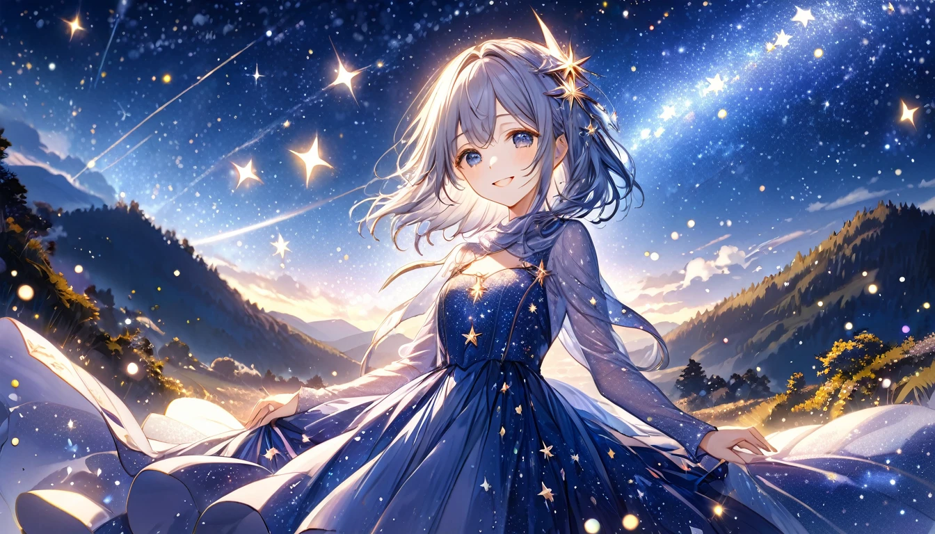 **326. One person。Personification of Starlight。The embodiment of starlight shining in the night sky。Cowboy shot or close-up。  
masterpiece, best quality, ultra detailed (Detailed fingers), (Emotional), (Breathtakingly beautiful),  
(main part: 1.2 Whole body。), (Anime Style), (Very detailed), (Starlight Personification),  
(超High resolution, High resolution), (8k), (High resolution: 1.2), (Complex and beautiful: 1.2)**
- background: Starry night sky、A landscape of countless twinkling stars。
- Personification: Young woman, around 1、Wearing a sparkling dress sprinkled with starlight。
-pose: Reaching out to the sky、A moment captured as the star catches its light。
-expression: A mysterious and dreamy smile。
- Effects: The light radiates from the dress、Surrounding starlight effect。
-color: Deep blue and silver、A color that symbolizes the mystery of the night sky and stars。
