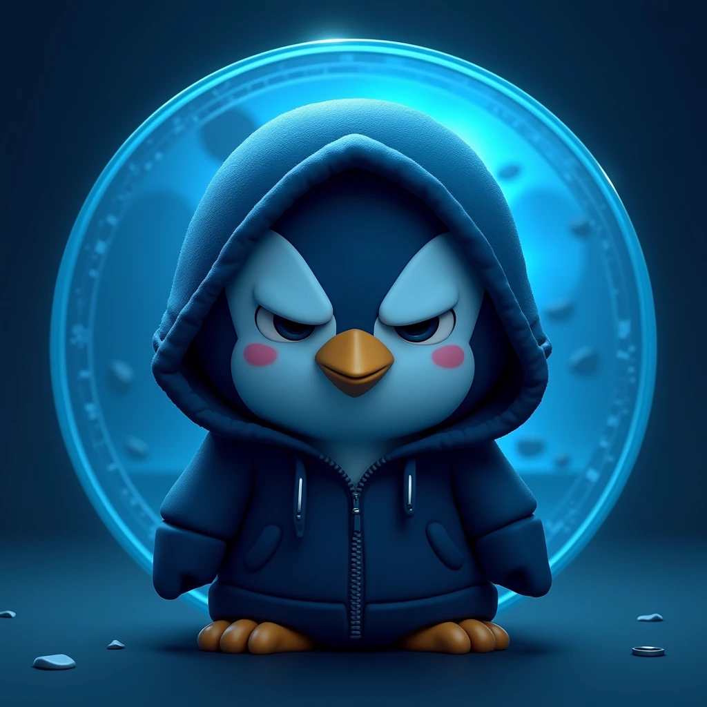Resistance penguin coin , black hoodie , blue penguin , blue background , cute , eyes closed , mysterious , head bowed , only head , angry face