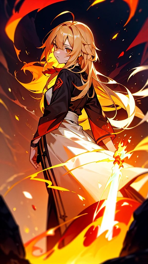 One person, 前髪を上げたLong Hair, breathing fire, combustion, Burnt clothes, knife, Ahoge, Beige Hair, Multicolored Hair, fire, inflammation, inflammationの剣, (Put your hand on the handle), Are standing, Long Hair,  Pyrokinesis, Expressionless, cigarette, flower(symbol),  alone, fireflower, sunset, Twilight, white flower, lava, Yuri (flower),  fiery flower, Depth of written boundary, combustion , Ultra-realistic 