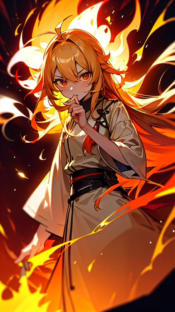 One person, 前髪を上げたLong Hair, breathing fire, combustion, Burnt clothes, knife, Ahoge, Beige Hair, Multicolored Hair, fire, inflammation, inflammationの剣, (Put your hand on the handle), Are standing, Long Hair, Pyrokinesis, Expressionless, cigarette, flower(symbol), alone, fireflower, sunset, Twilight, white flower, lava, Yuri (flower), fiery flower, Depth of written boundary, combustion , Ultra-realistic