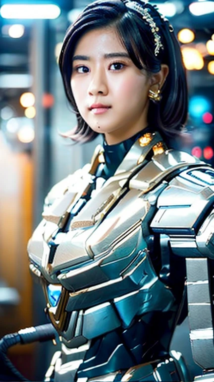 Wide-angle shot, 1 female, Mecha, Shining black eyes, Very cute face, (Realistic:1.37), バイオMechaニカル, Spaceship interior bokeh background, Ultra-realistic, Very detailed, Very intricate details, Beautiful woman in focus