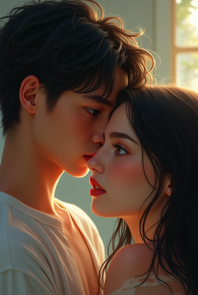 a picture of a love triangle, two boys with a girl. the first black haired boy, lens and brown skin. The second boy Blond with blue eyes and white skin. the white skinned girl, Long hair, straight and black, Red lips, big brown eyes