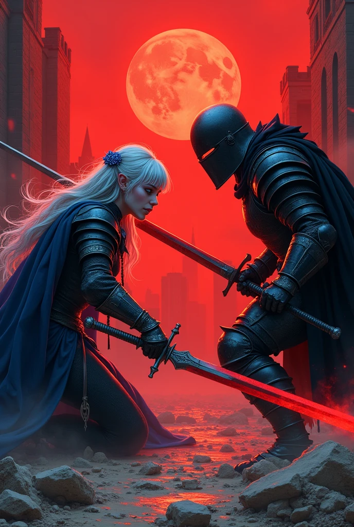 (super detailed faces, averted eyes, fantasy illustrations with gothic, ukiyoe, and comic art, rich colors), BREAK (this is a "city of ashes" in ruins. It was once a medieval European-style fortified city. Red moonlight illuminates the ruined earth); BREAK (Dark Elf: middle-aged Dark Elf woman with silver hair, blunt bangs, very long messy hair, dark purple skin, and lavender eyes); BREAK (Dark Elf female warrior wearing blue jeweled hair ornament and copper armor); BREAK ( ArmoredSoldier: medieval European style black helmet, black armor, black cloak, carrying a red-hot greatsword), BREAK (female dark elf warrior on left and dark knight on right facing each other in red moonlight in a fierce sword fight.) BREAK (female dark elf warrior holds slender long sword at an angle, knees on the ground, roars and swings the sword sideways), BREAK (male knight, black helmet and armor, clad in a terrifying red aura, turns and swings his great sword down on the female dark elf from above:1.3)