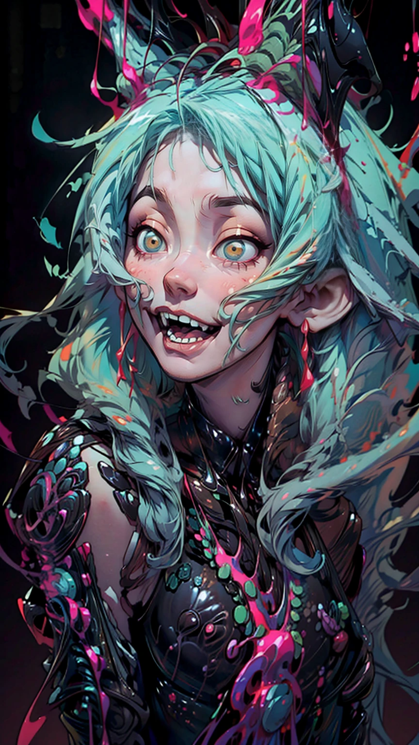 (nsfw:1.3), toxic liquid style, hatsune miku, (masterpiece, best quality, 1girl, solo), portrait, detailed eyes, very long hairs, open mouth, space on background