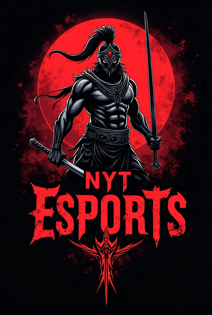 An empowering T-shirt design showcasing the phrase "NYT ESPORTS" in a thick, script font (Amatic Bold), adorned with intricate tribal motifs in vibrant hues of red and black against the deep black backdrop. A fierce warrior brandishes a sword, symbolizing courage and resilience, illustration, typography
