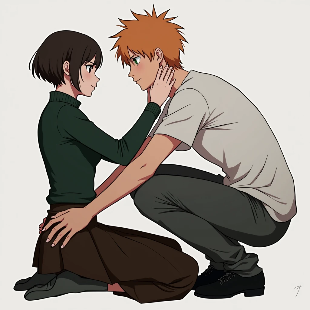 A guy with orange hair and green eyes, a white T-shirt, dark gray pants, squatting in front of a girl with very short dark brown hair, black eyes, in a dark green sweater and dark brown skirts, anime art, masterpiece, realistic, over-detailed, professional quality