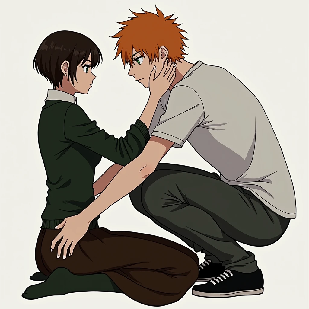 A guy with orange hair and green eyes, a white T-shirt, dark gray pants, squatting in front of a girl with very short dark brown hair, black eyes, in a dark green sweater and dark brown skirts, anime art, masterpiece, realistic, over-detailed, professional quality