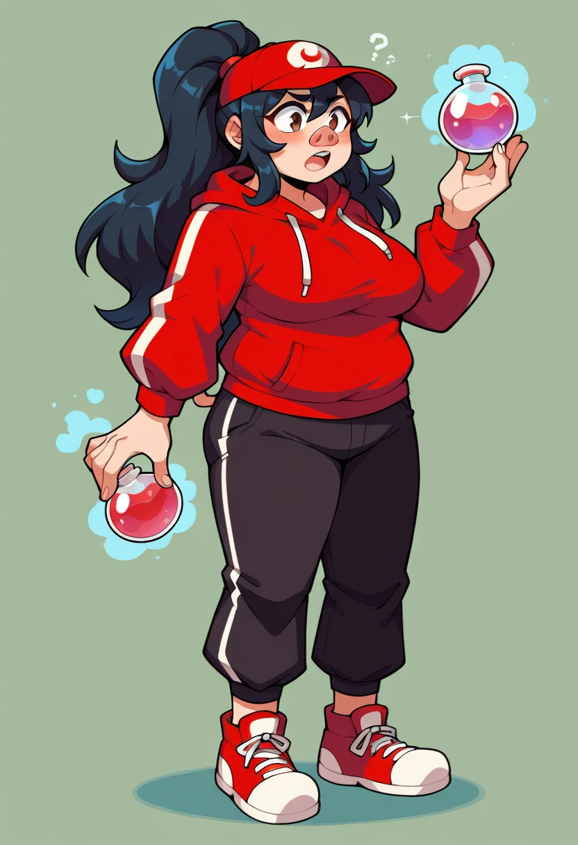 masterpiece, best quality, expressive eyes, perfect face, a man get transformed into a female furry pig MILF, furry, confused, blushed, black hair, long hair, red baseball cap with a withe M, red hoodie, black shirt, black pants, red sport shoes, brown eyes ,MILF , chubby, big boobs, Open mouth , gender bender, full body, magic potion, shock,