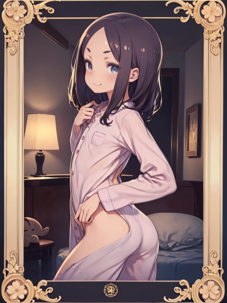 8k, Beautiful and detailed, Warm lighting, evening, One person,  (Open your pajamas, Onesie, Button unbuttoned), whole body, ((Small waist)), Mischievous look, Sly Smile, Bedroom, Small picture frame, ((Teasing)), skinny, Long legs, play, ((Small and flat butt))