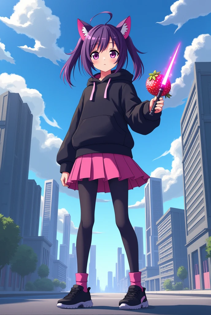 anime poster a girl with dark purple hair and two pink streaks on her bangs, wearing a black sweatshirt, a short pink skirt and black leggings, pink socks and black shoes is standing against the background of a futuristic city, a small strawberry-shaped robot is flying next to her in his hand he holds a pink-red energy blade above it I find the inscription "Anime Legends: The Last Knight".