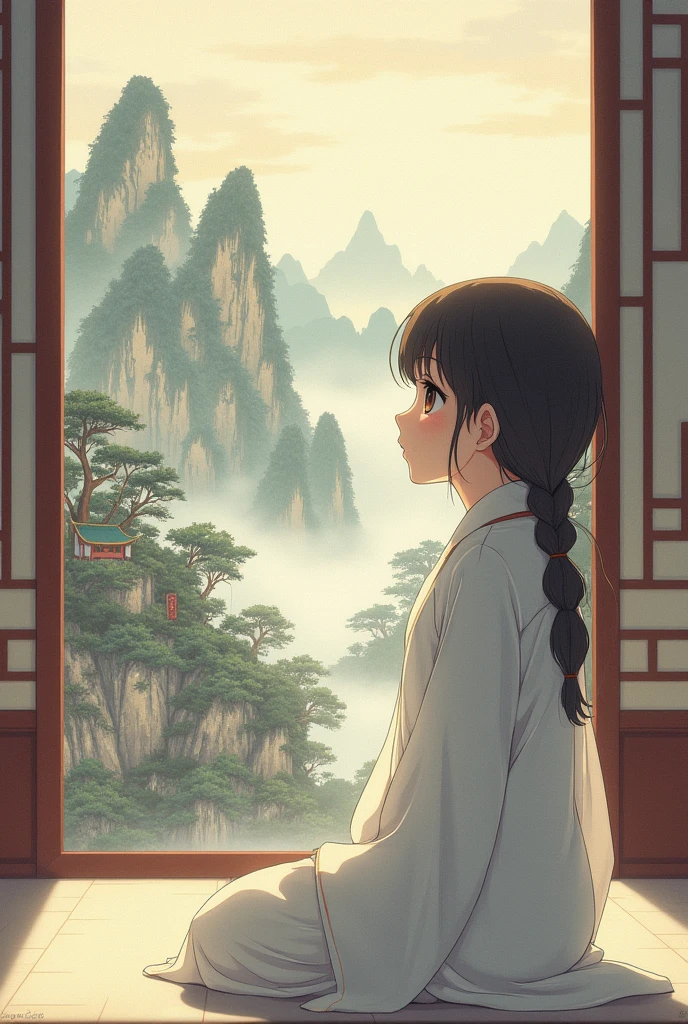 Anime girl watching a Chinese landscape drawing