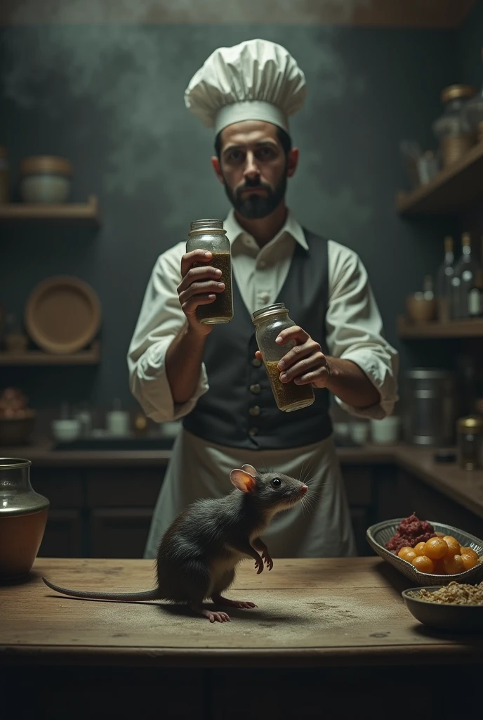 Eager to explore this newfound power, the head chef in the kitchen eagerly consumed the potion. To his surprise, the potion had an unexpected side effect. Instead of understanding the language of animals, the head chef in the kitchen found himself transforming into a small, helpless creature - a rat., Victorian rat, (vacations, high resolution:1.3), (small, selective focus, european film:1.2), (sexual advance:1.1), ,end of hopes ,silence, extremely detailed,dark,sad, easynegative, digital artwork by Beksinski, extremely detailed, dark, chiaroscuro, low-key,in the style of Kelly Slater ,style by Kelly Slater,closeup,digital artwork by Beksinski, style of Kelly Slate