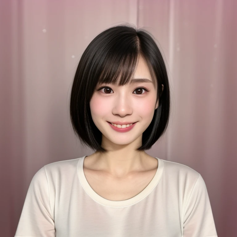 (kawaii 24 year-old Japanese girl, Nogizaka idol, Korean idol), healthy female athlete body, (glossy black hair, short hair, pixie cut, bangs:1.3), (rounded face, pure black eyes, single eyelid, no makeup, grin:1.2), (wearing crew neck t-shirt:1.3), extra small breasts, BREAK, (plain white background:1.3), (looking at viewer, facing straight forward at camera, id photo, bust shot:1.2), BREAK, (masterpiece, best quality, photo realistic, official art:1.4), (UHD, 8K quality wallpaper, high resolution, raw photo, golden ratio:1.3), (shiny skin), professional lighting, physically based rendering, award winning, (highly detailed skin, extremely detailed face and eyes, anatomically correct body), Carl Zeiss 85 mm F/1.4, depth of field, 1girl, solo,