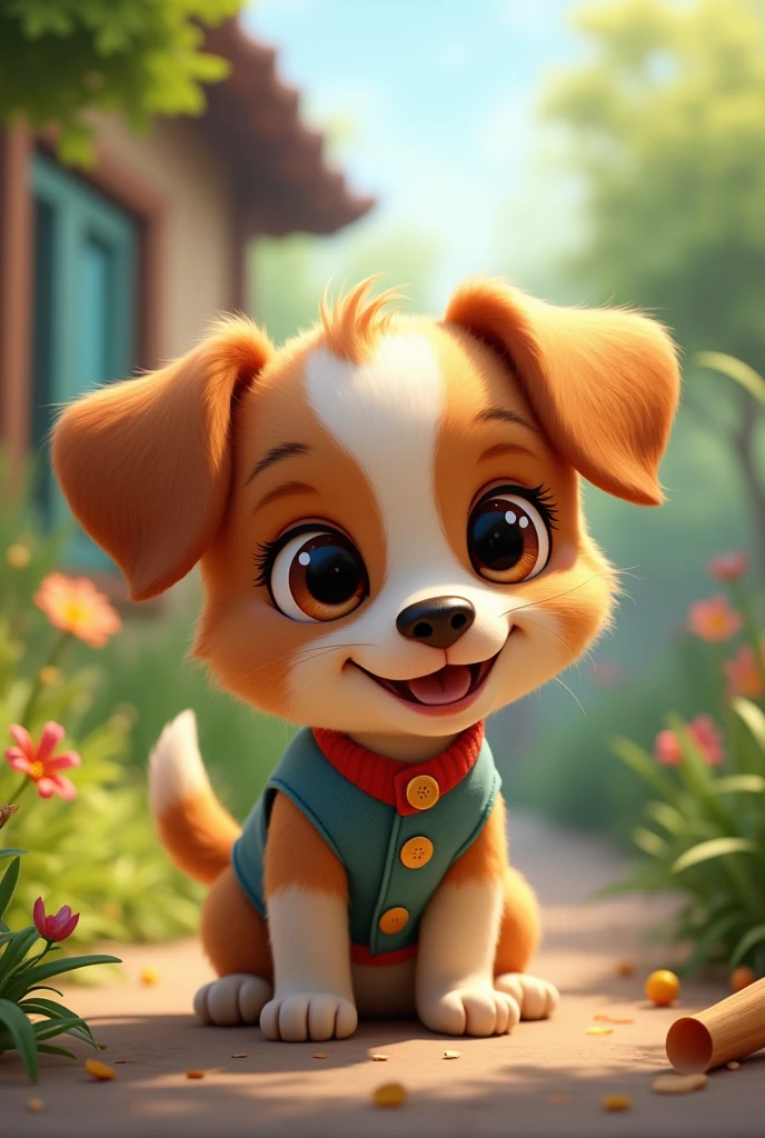 Imagine a lifelike puppy, Its features are humorously exaggerated，Extra large, Wearing cute clothes，Bright eyes and curiosity, Smile. Puppy&#39;s front view,Smiling puppy，Disney style， Capturing Natural Textures, Although its little claws are slightly larger, More lovely. The background is a simple garden, The focus is on natural colors and some greenery, Create realistic and cute scenes