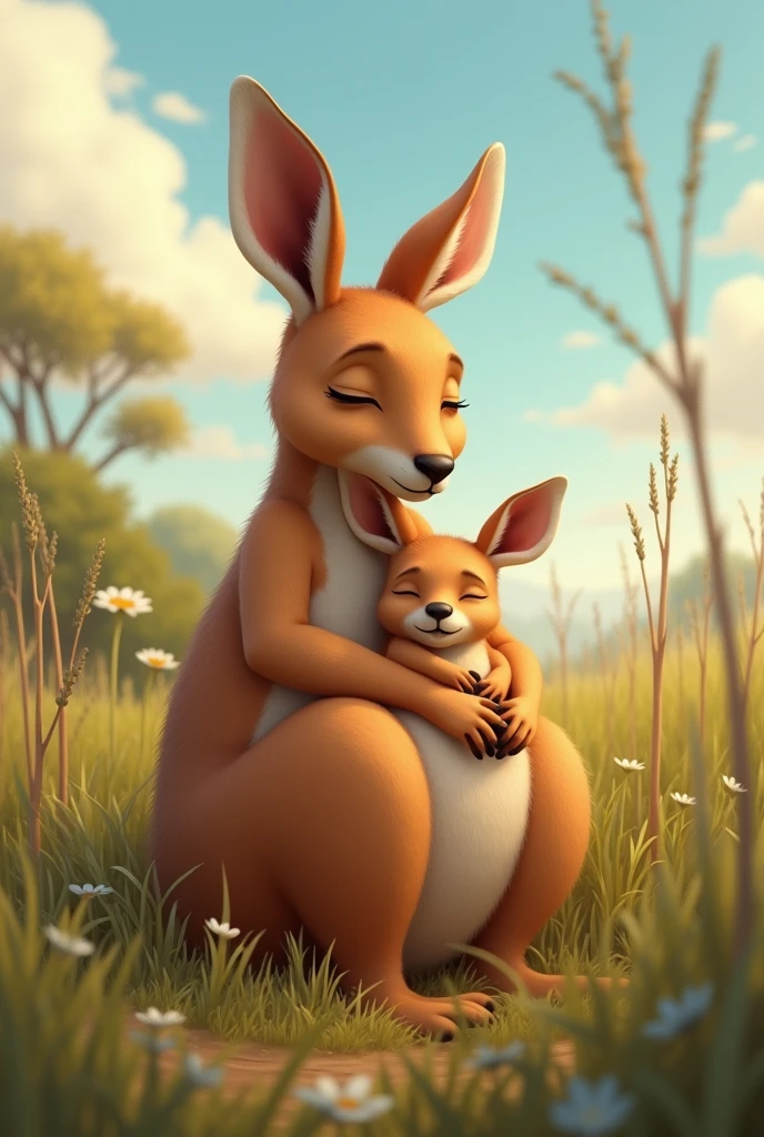 Create an image: Kenny the kangaroo is sleeping peacefully in his mother's pouch.