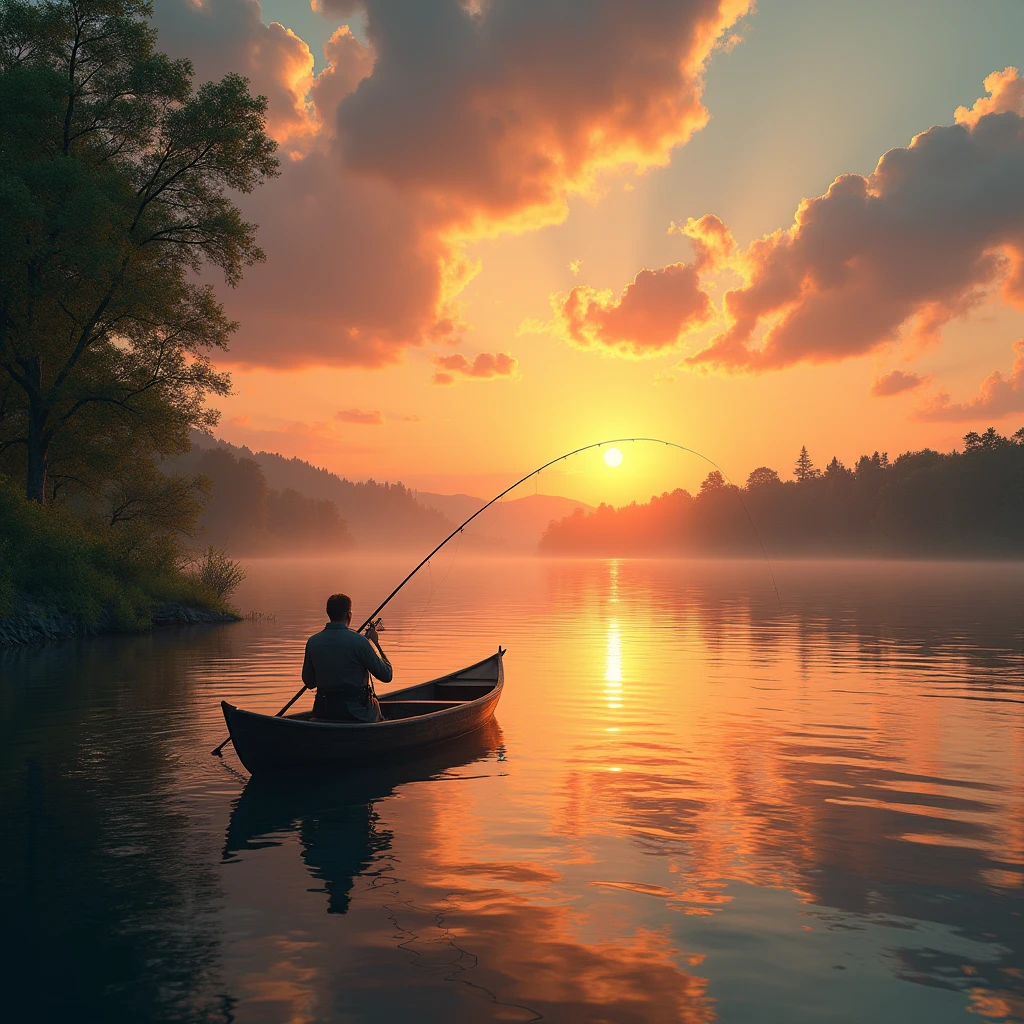 a fishing scene on a calm lake, one person fishing from a wooden boat, beautiful sunset sky with warm colors, detailed rippling water, reflection of the boat on the water, lush green trees and foliage on the shore, (best quality,4k,8k,highres,masterpiece:1.2),ultra-detailed,(realistic,photorealistic,photo-realistic:1.37),landscape,serene,golden hour,dramatic lighting,vibrant colors