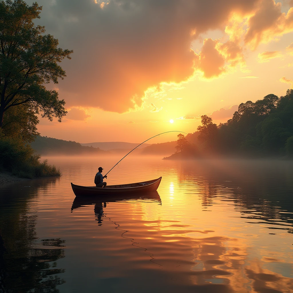 a fishing scene on a calm lake, one person fishing from a wooden boat, beautiful sunset sky with warm colors, detailed rippling water, reflection of the boat on the water, lush green trees and foliage on the shore, (best quality,4k,8k,highres,masterpiece:1.2),ultra-detailed,(realistic,photorealistic,photo-realistic:1.37),landscape,serene,golden hour,dramatic lighting,vibrant colors