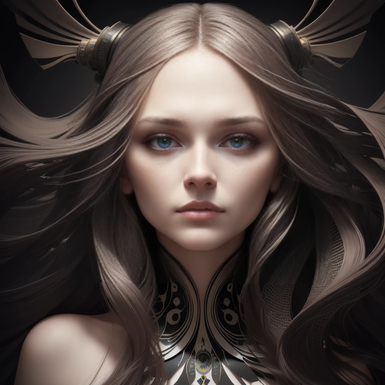 Close-up of a woman with very long hair, her face in discs, surreal portrait, Digital sculpture, inspired by Maciej Kuchara, beautiful surreal portrait, abstract portrait, Fine Art and Fashion Photography, Advanced 3D Digital Art, Ray Swan Country, photo by Alexey Kurylev, surreal portrait photography, 8k artistic portrait photography, Fractal Face