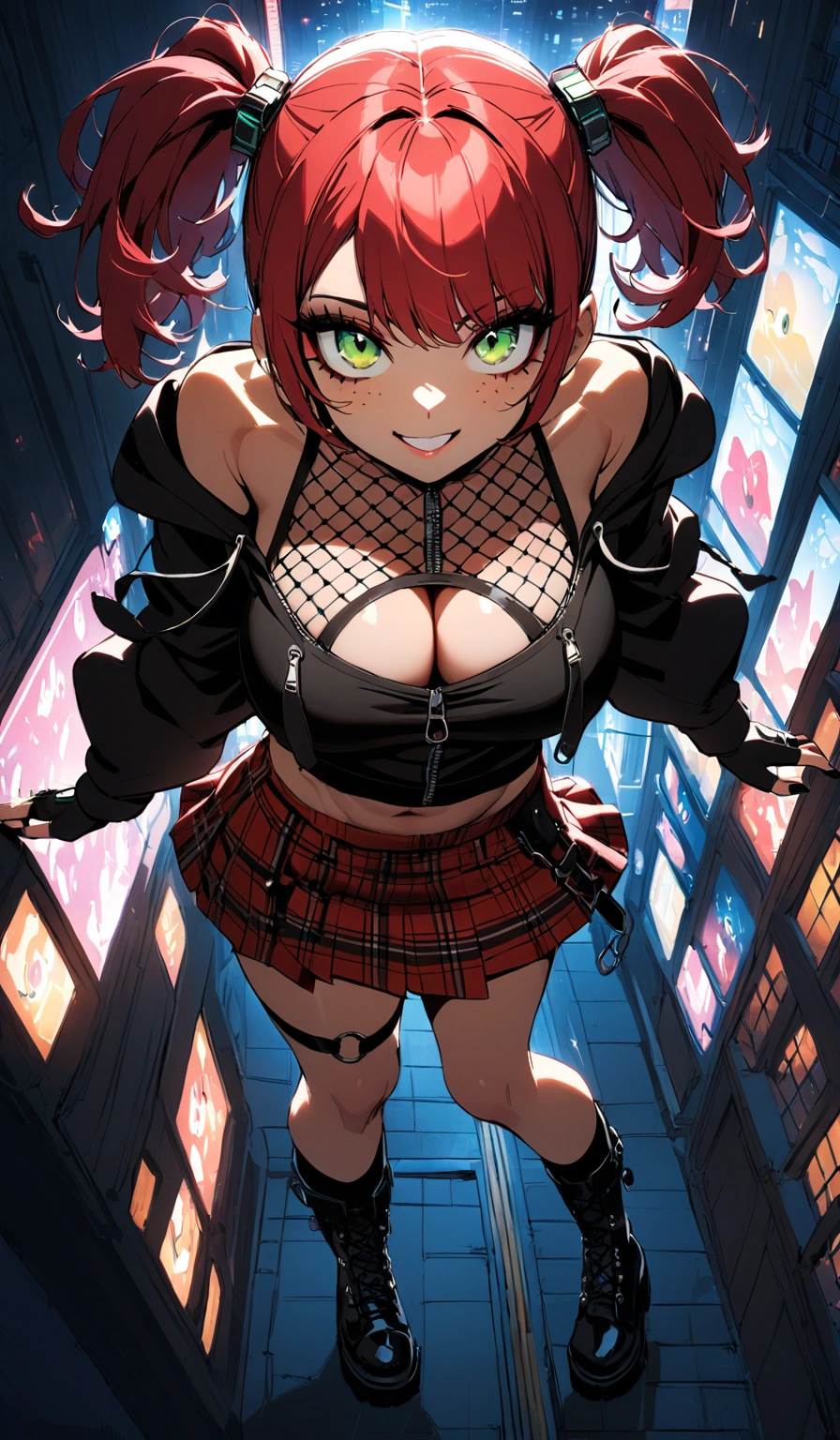 woman, grin, curly red hair in pig tails, green eyes, black eyeshadow, wearing crop top black shirt, black oversized zip up hoodie, red plaid skirt, black knee high boots, black fingerless gloves, exposed shoulders, large breasts, freckles, abs, cleavage, looking up at viewer, cinematic lighting, masterpiece, best quality, Holo-Punk Style, in the city, make up, eyelashes, fish net undershirt, fish net stockings, (full body)