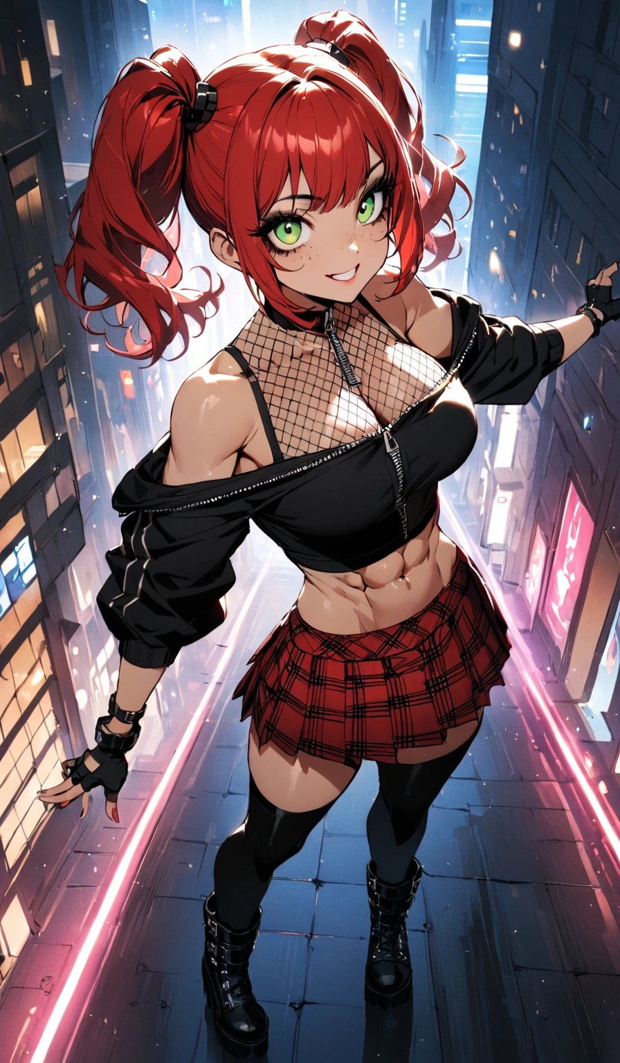 woman, grin, curly red hair in pig tails, green eyes, black eyeshadow, wearing crop top black shirt, black oversized zip up hoodie, red plaid skirt, black knee high boots, black fingerless gloves, exposed shoulders, large breasts, freckles, abs, cleavage, looking up at viewer, cinematic lighting, masterpiece, best quality, Holo-Punk Style, in the city, make up, eyelashes, fish net undershirt, fish net stockings, (full body)
