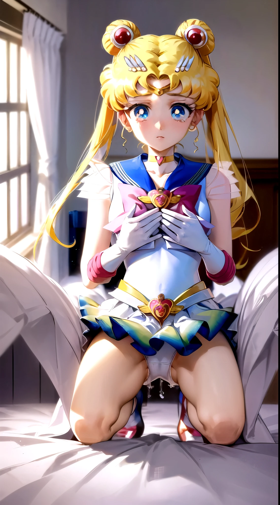 ((((Angle view from under the skirt, ))),masterpiece, Highest quality, (1 person), (Sailor Moon R),(Super Sailor Moon Uniform), (Blonde).(Detailed face), Small breasts,Face Focus, White wall, (bed), Bright room, Very embarrassed look, White gloves, Detailed eyes, Detailed face, (Love hotel room), Highest quality, High resolution, (Fine and beautiful eyes: 1.3), highly Detailed face, Detailed CG, (Perfect hands, Perfect Anatomy: 1.3),(Short skirt), (Inverted skirt 1.3), (Detailed Panties 1.3),  (White cotton panties: 1.3), (Tears in my eyes),(Ruffled panties: 1.3),(Panties soaked with love juice: 1), (Squat: 1.3), (Spread your legs: 1.3),(Long ponytail)