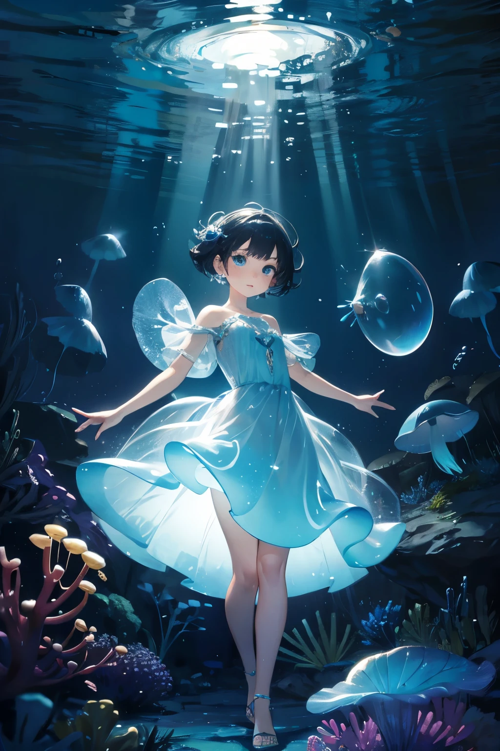 Underwater mysterious world, Magic world, glowing little jellyfish, Small fish, a girl in a transparent dress holds a glowing ball of a pearl in her hands, many small bubbles