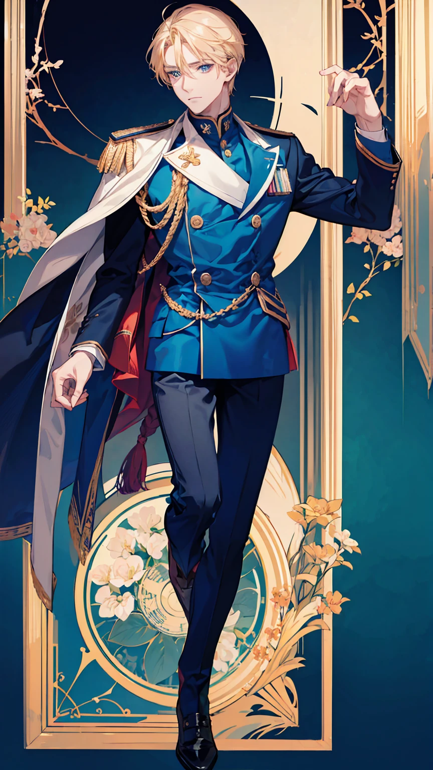 Male, handsome, muscular, blonde hair, blue eyes, wearing an academy uniform, full body