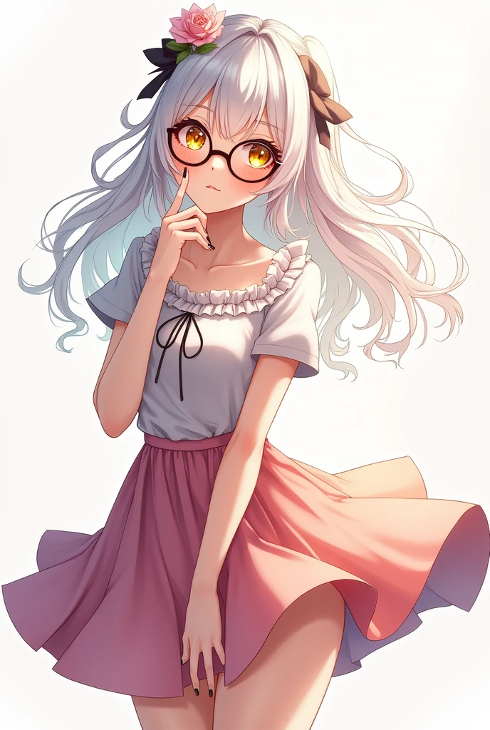 Anime woman, white hair, highlights, tan skin, yellow eyes, cute skirt, glasses, full body, black nails, embarrased