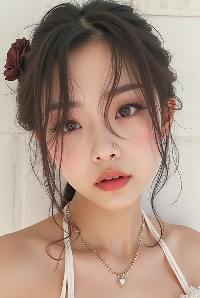 Japanese woman taking a selfie showing off her sexy cleavage. Nose hook、