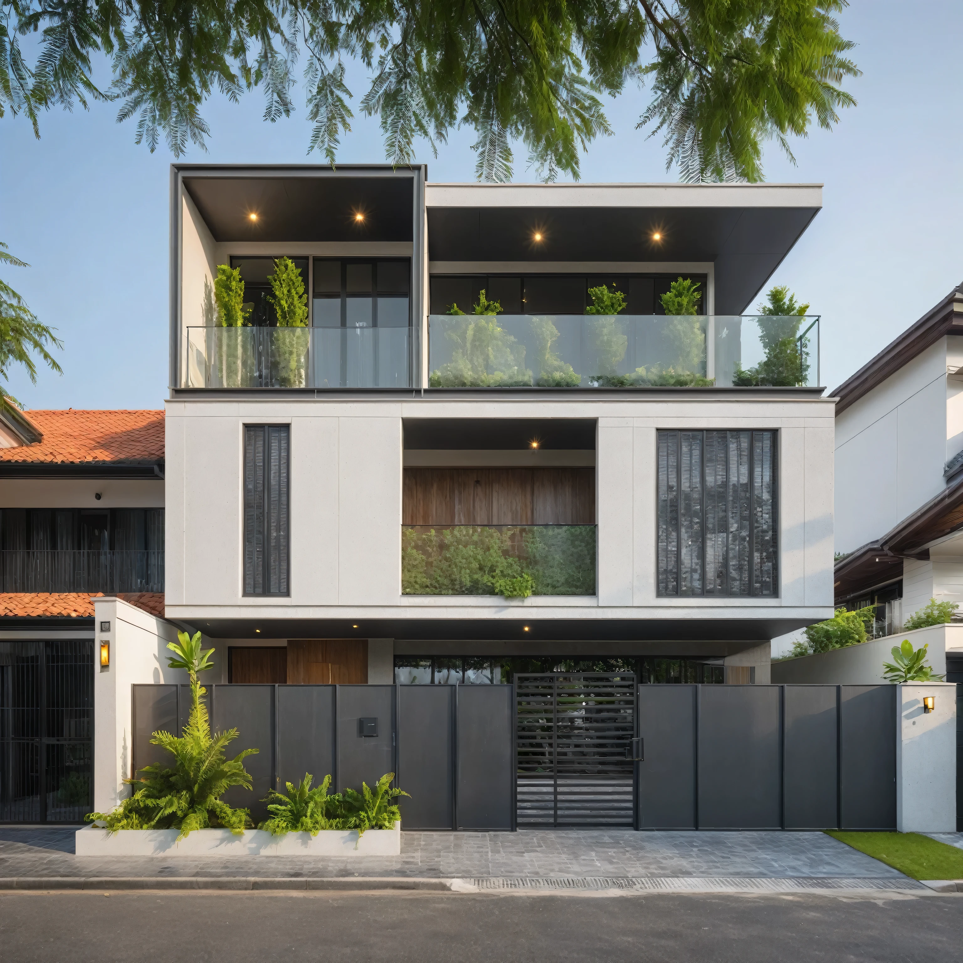 modern villa on street, (daylight), tropical tree, green shrub and plants, vivid color, streetcapes, minimalist design, brigth grey tone, (large glass door:1.2), (Steel gate:1.2)warm interior lighting, modern material, best quality, ultra realistic, masterpiece, 
