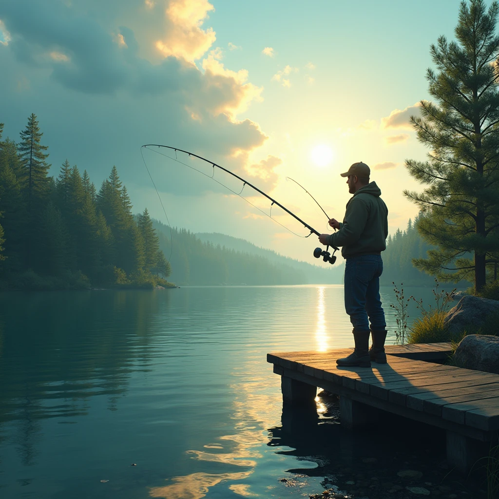 A fisherman standing on a pier, holding a fishing rod and casting his line into the calm blue waters of a lake, surrounded by lush green pine trees and a cloudy sky with warm golden sunlight filtering through
(best quality,4k,8k,highres,masterpiece:1.2),ultra-detailed,(realistic,photorealistic,photo-realistic:1.37),fisherman,fishing rod,calm lake,pine trees,cloudy sky,warm sunlight,detailed water,detailed foliage,detailed clouds,atmospheric lighting,landscape,nature,outdoor scene,cinematic,dramatic lighting