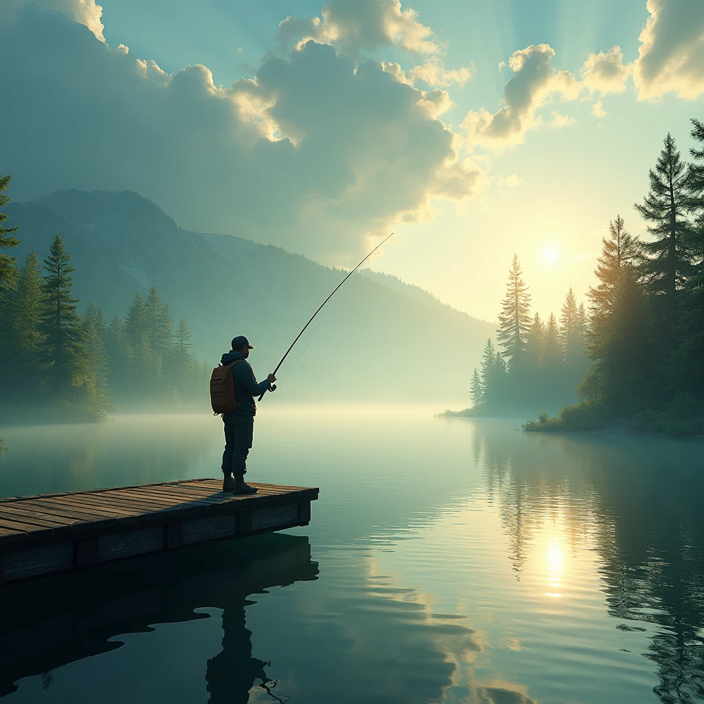 A fisherman standing on a pier, holding a fishing rod and casting his line into the calm blue waters of a lake, surrounded by lush green pine trees and a cloudy sky with warm golden sunlight filtering through

(best quality,4k,8k,highres,masterpiece:1.2),ultra-detailed,(realistic,photorealistic,photo-realistic:1.37),fisherman,fishing rod,calm lake,pine trees,cloudy sky,warm sunlight,detailed water,detailed foliage,detailed clouds,atmospheric lighting,landscape,nature,outdoor scene,cinematic,dramatic lighting
