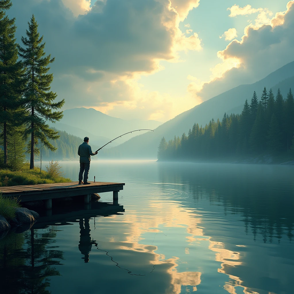 A fisherman standing on a pier, holding a fishing rod and casting his line into the calm blue waters of a lake, surrounded by lush green pine trees and a cloudy sky with warm golden sunlight filtering through
(best quality,4k,8k,highres,masterpiece:1.2),ultra-detailed,(realistic,photorealistic,photo-realistic:1.37),fisherman,fishing rod,calm lake,pine trees,cloudy sky,warm sunlight,detailed water,detailed foliage,detailed clouds,atmospheric lighting,landscape,nature,outdoor scene,cinematic,dramatic lighting