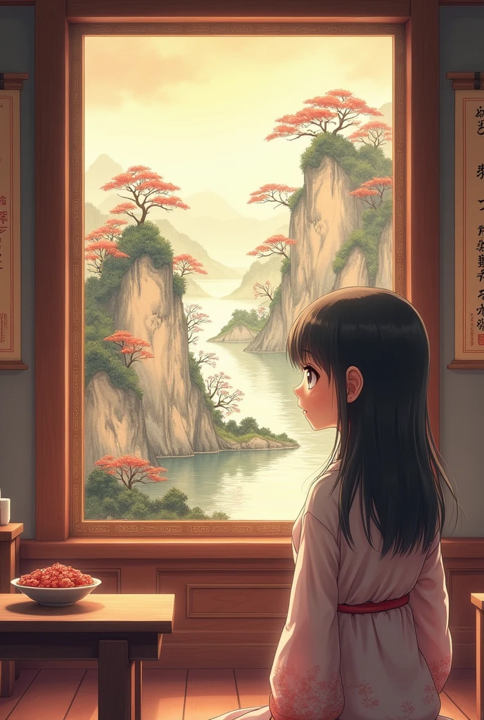 Anime girl watching a Chinese landscape more Chinese drawing