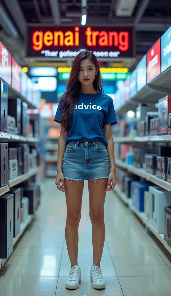 A BEAUTIFUL THAI GIRL WITH LONG HAIR, A GOOD BODY, WEARING A BLUE T-SHIRT WITH THE WORD "ADVICE" PRINTED ON IT, A SKIRT OF SHORT JEANS, AND WHITE SNEAKERS ((STANDING WITH A LARGE SIGN ABOVE HER HEAD WITH THE WORD "GENAI TRANG"))) IN A COMPUTER STORE. Tablet, (((Full body)))., Proportional, massive breasts