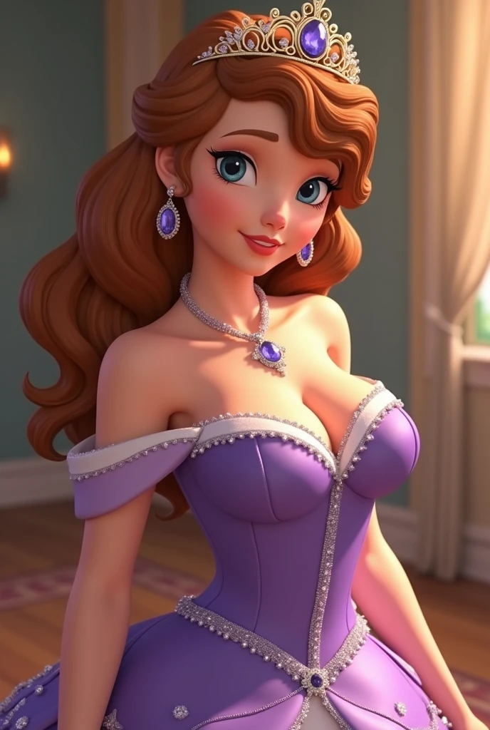 Create Princess Sofia That she is 1 More adult A little more adult That she has bigger breasts That she doesn't look cute More adult More adult With a different dress But more adult