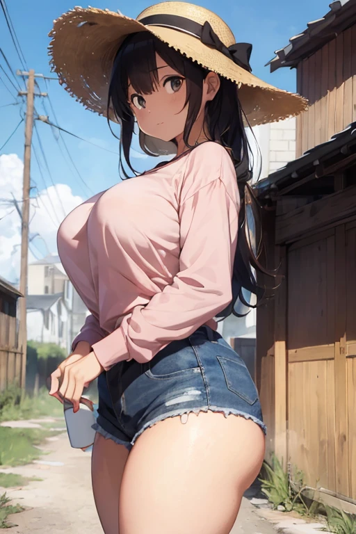 1 female, shy girl, tomboy, shy brushing face, pink long sleeve shirt, jail, huge breast, straw hat, thick legs