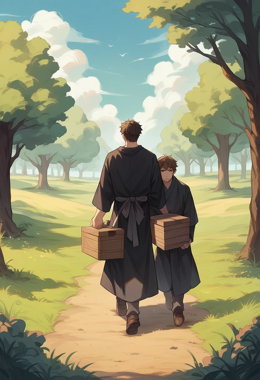 A man with brown hair, merchant wearing a black robe with grey stripes, taking. of. a horse. What. He carries a cart with wooden boxes on it, walking in an open field that. Surround some anime style trees