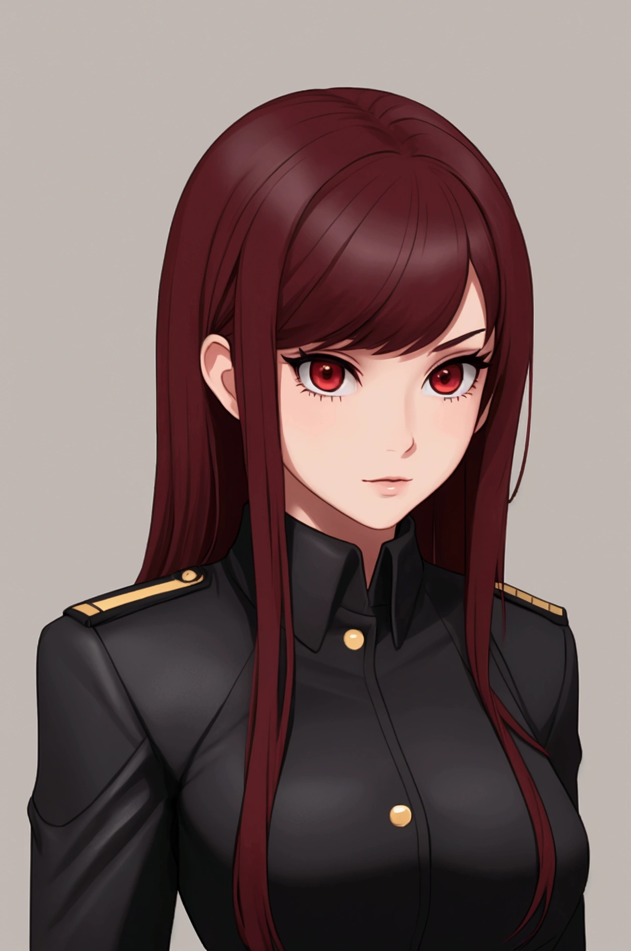 Draw a girl with dark red hair, wearing a black military suit..