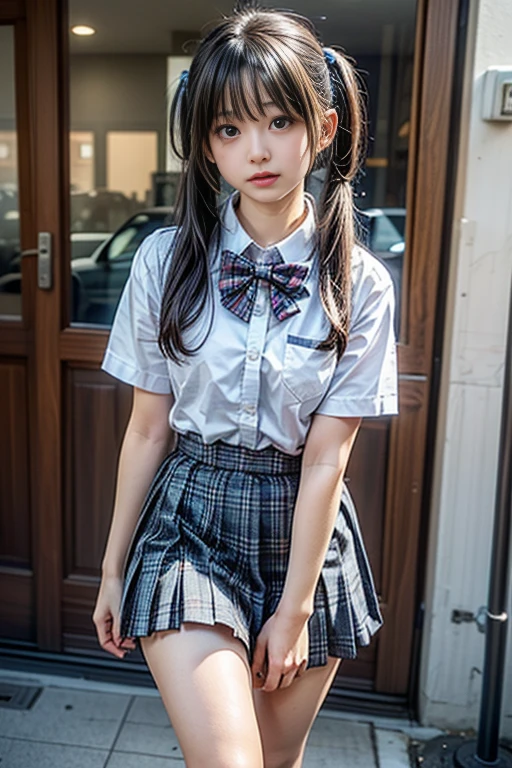 (realistic, photo-realistic:1.4),(best quality,masterpiece),RAW photo, high resolution, intricate details, finely detailed, incredibly detailed, extremely detailed, cinematic lighting, portrait, solo,1girl, a  Japanese idol, walking, (very tall girl, smaller face, thin, slim, slender, thin legs), (white shirt, short sleeves, bowtie, plaid miniskirt, pleated skirt, bare legs, thighs, socks, loafers, school uniform:1.2), dark hair, (twintails, bangs), detailed face, beautiful detailed eyes, sophisticated nose, pale skin,
photo background, outdoors,