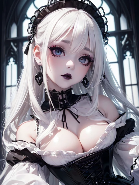 (1 girl 1.3) (extremely detailed 1.3) (anatomically correct, High precision, realistic skin) (RAW photo, Super detailed, advanced details, intricate details,), (Lighting: Face lighting, Ray tracing, reflective light, Structurally correct) ((Background: Gothic house, candlelight 1.3)) (Subject: beautiful Asian woman with White hair in White curls and coils) (wearing: glamorous detailed embroidered white gothic ta dress, white corset, white, neck wrists and fingers, ((beautiful big eyes looking up at the viewer, black shiny lipstick, perfect Asian goth cyber makeup))
